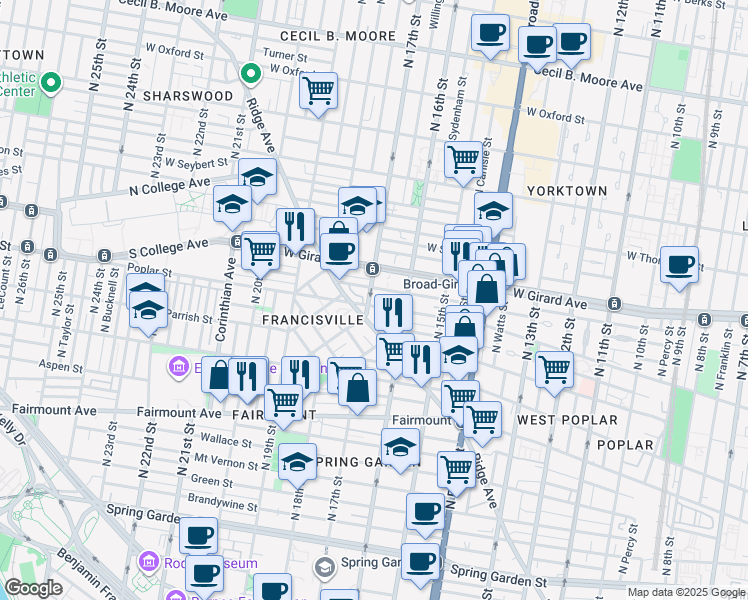 map of restaurants, bars, coffee shops, grocery stores, and more near 1700 Ridge Avenue in Philadelphia