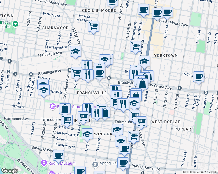 map of restaurants, bars, coffee shops, grocery stores, and more near 1700 Ridge Avenue in Philadelphia
