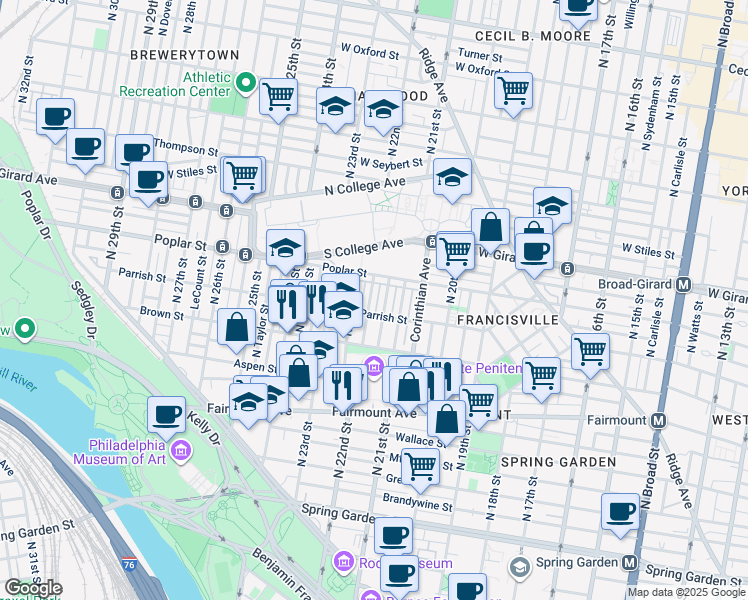 map of restaurants, bars, coffee shops, grocery stores, and more near 865 North Beechwood Street in Philadelphia