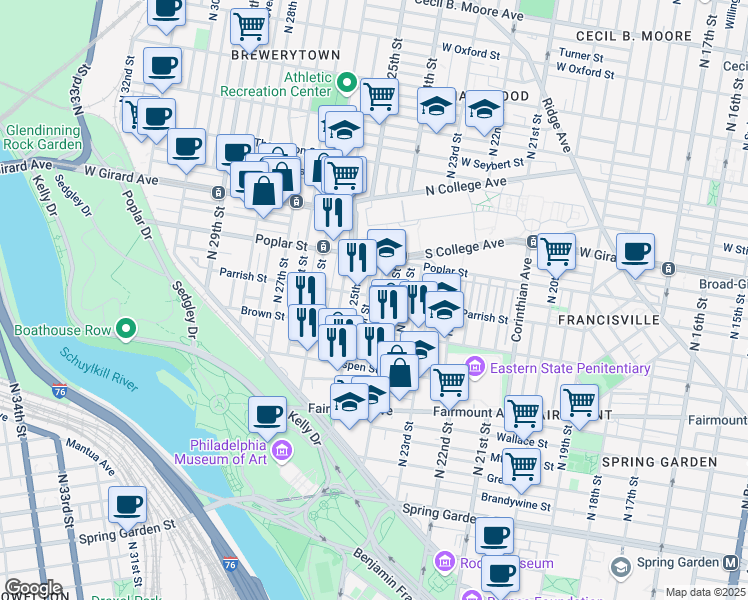 map of restaurants, bars, coffee shops, grocery stores, and more near 2437 Brown Street in Philadelphia