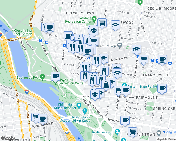 map of restaurants, bars, coffee shops, grocery stores, and more near 2611 Brown Street in Philadelphia