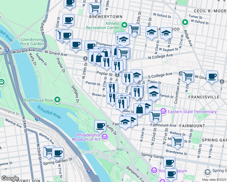 map of restaurants, bars, coffee shops, grocery stores, and more near 2611 Brown Street in Philadelphia