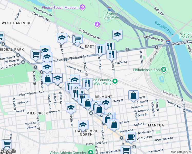 map of restaurants, bars, coffee shops, grocery stores, and more near 4109 Pennsgrove Street in Philadelphia