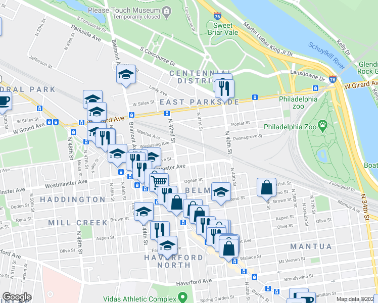 map of restaurants, bars, coffee shops, grocery stores, and more near 4137 Westminster Avenue in Philadelphia