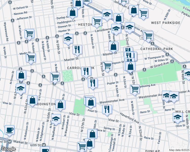 map of restaurants, bars, coffee shops, grocery stores, and more near 5546 West Girard Avenue in Philadelphia