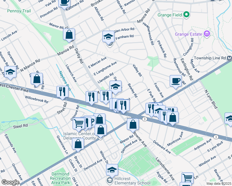 map of restaurants, bars, coffee shops, grocery stores, and more near 211 Lansdowne Road in Havertown