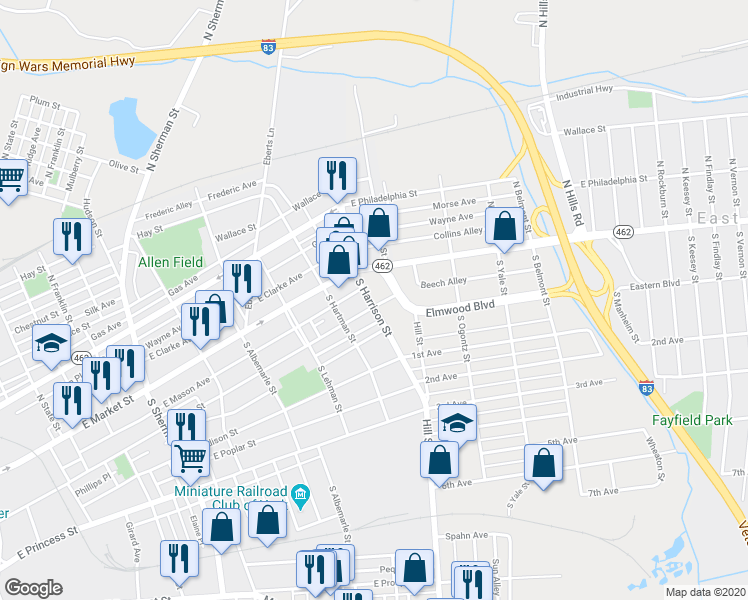 map of restaurants, bars, coffee shops, grocery stores, and more near 1232 East King Street in York