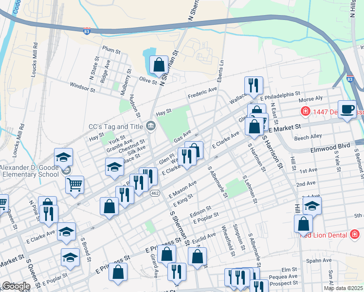 map of restaurants, bars, coffee shops, grocery stores, and more near 915 Wayne Avenue in York