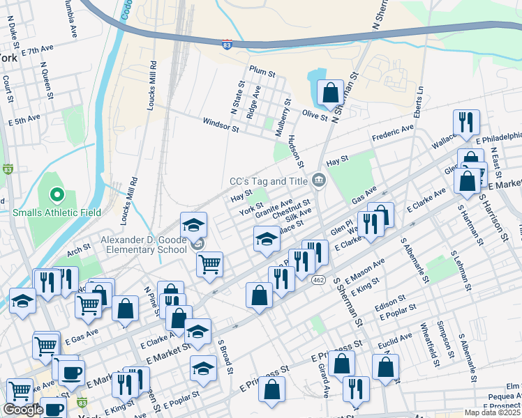 map of restaurants, bars, coffee shops, grocery stores, and more near 665 Chestnut Street in York