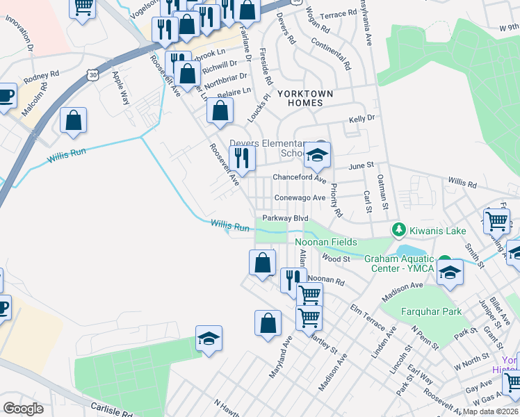 map of restaurants, bars, coffee shops, grocery stores, and more near 935 Parkway Boulevard in York