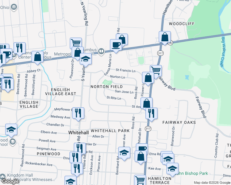 map of restaurants, bars, coffee shops, grocery stores, and more near 4484 Saint Rita Lane in Columbus