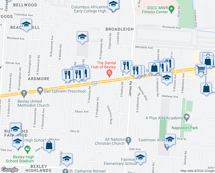 map of restaurants, bars, coffee shops, grocery stores, and more near 3140 Broadmoor Avenue in Columbus