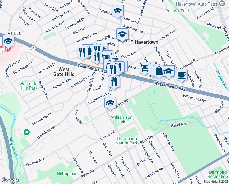 map of restaurants, bars, coffee shops, grocery stores, and more near 117 South Eagle Road in Havertown