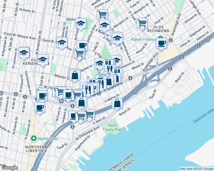 map of restaurants, bars, coffee shops, grocery stores, and more near 438 East Flora Street in Philadelphia