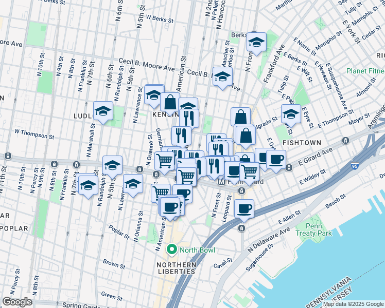 map of restaurants, bars, coffee shops, grocery stores, and more near 177 West Thompson Street in Philadelphia
