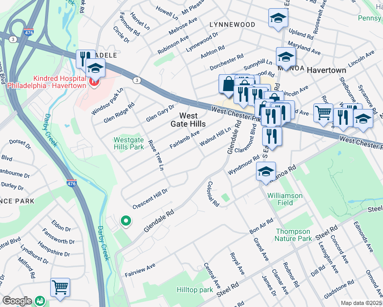 map of restaurants, bars, coffee shops, grocery stores, and more near 207 Walnut Hill Lane in Havertown