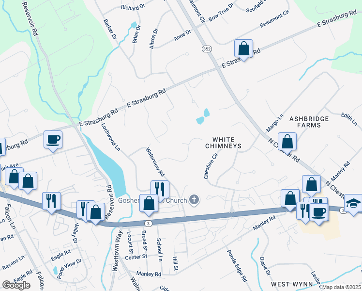 map of restaurants, bars, coffee shops, grocery stores, and more near 1467 Glenbrook Lane in West Chester