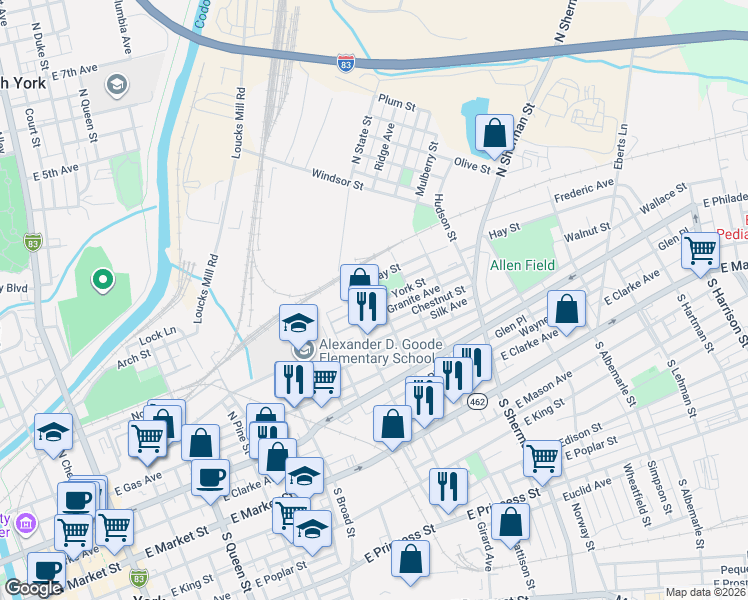 map of restaurants, bars, coffee shops, grocery stores, and more near 633 York Street in York