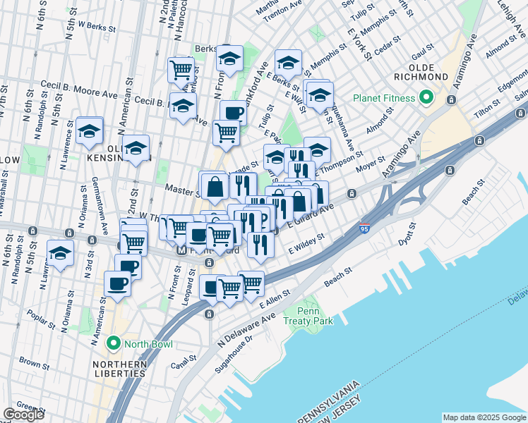 map of restaurants, bars, coffee shops, grocery stores, and more near 1232 East Columbia Avenue in Philadelphia
