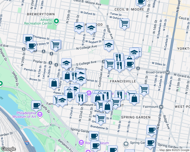 map of restaurants, bars, coffee shops, grocery stores, and more near 872 N Woodstock St in Philadelphia