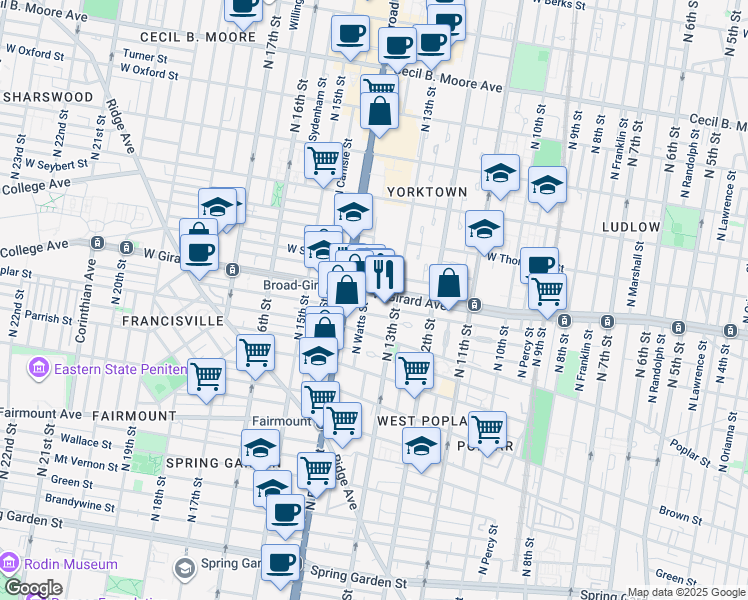 map of restaurants, bars, coffee shops, grocery stores, and more near 1330 West Girard Avenue in Philadelphia