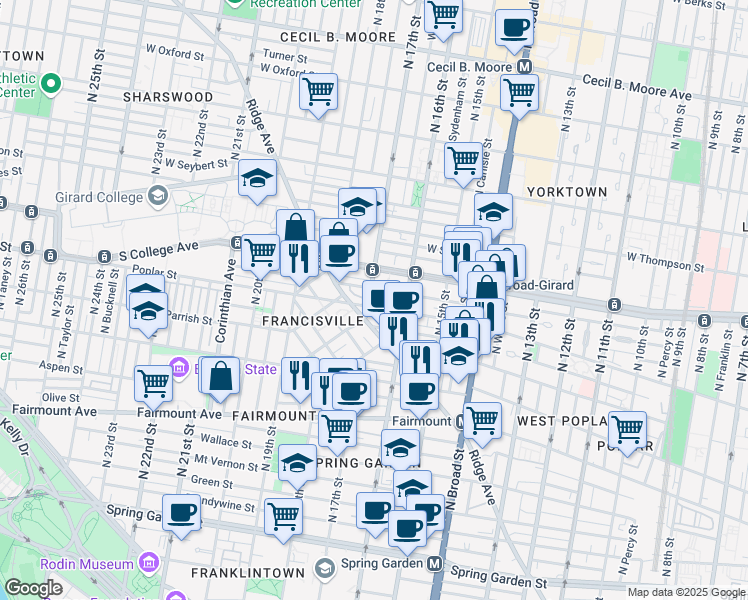 map of restaurants, bars, coffee shops, grocery stores, and more near 1637 Poplar Street in Philadelphia