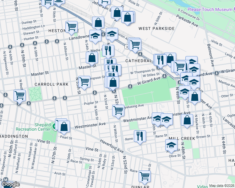 map of restaurants, bars, coffee shops, grocery stores, and more near 647 North Creighton Street in Philadelphia