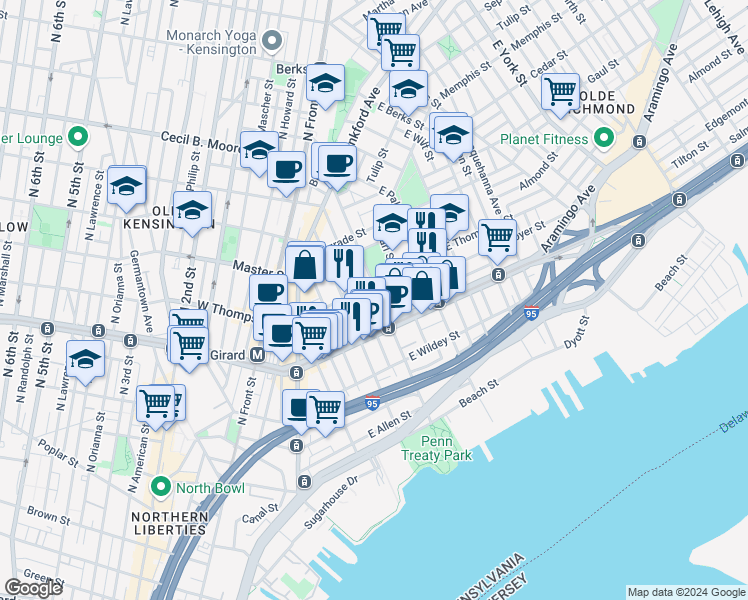 map of restaurants, bars, coffee shops, grocery stores, and more near 1232 East Columbia Avenue in Philadelphia