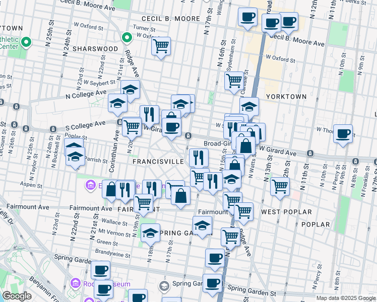 map of restaurants, bars, coffee shops, grocery stores, and more near 1700 Ridge Avenue in Philadelphia