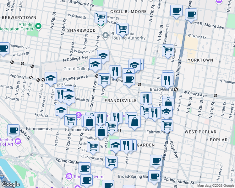 map of restaurants, bars, coffee shops, grocery stores, and more near 860 North 19th Street in Philadelphia
