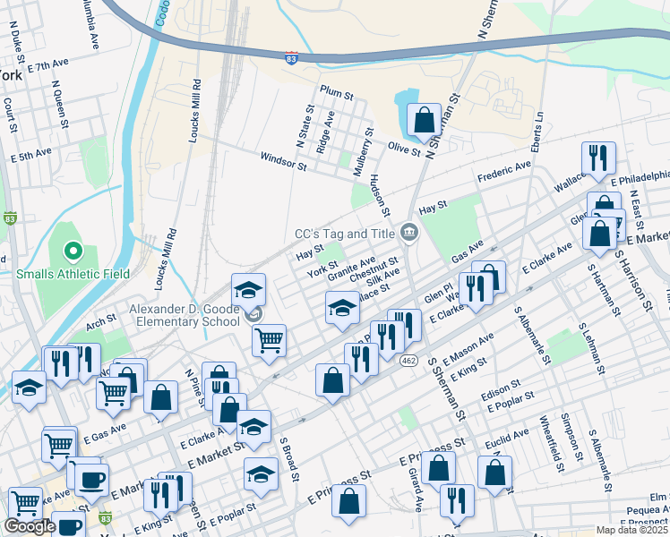 map of restaurants, bars, coffee shops, grocery stores, and more near 665 Chestnut Street in York