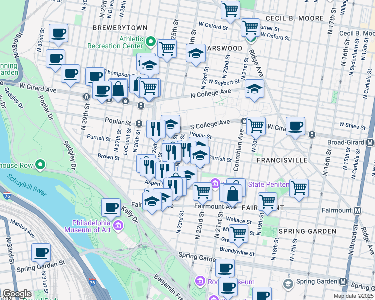 map of restaurants, bars, coffee shops, grocery stores, and more near 2313 Parrish Street in Philadelphia