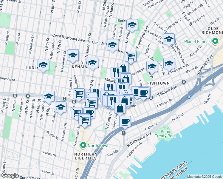 map of restaurants, bars, coffee shops, grocery stores, and more near 1257 North Howard Street in Philadelphia