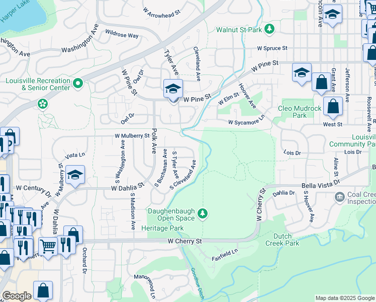 map of restaurants, bars, coffee shops, grocery stores, and more near 532 West Lois Way in Louisville