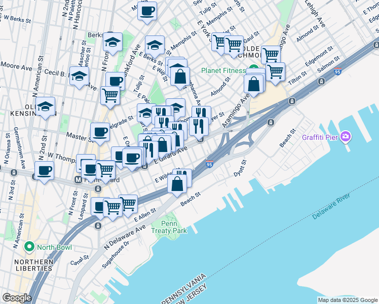 map of restaurants, bars, coffee shops, grocery stores, and more near 1133 East Montgomery Avenue in Philadelphia