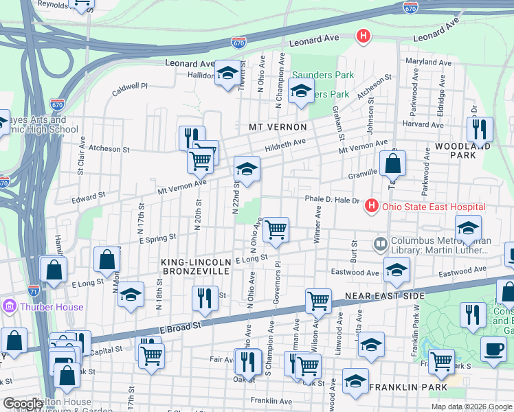 map of restaurants, bars, coffee shops, grocery stores, and more near 247 North Ohio Avenue in Columbus