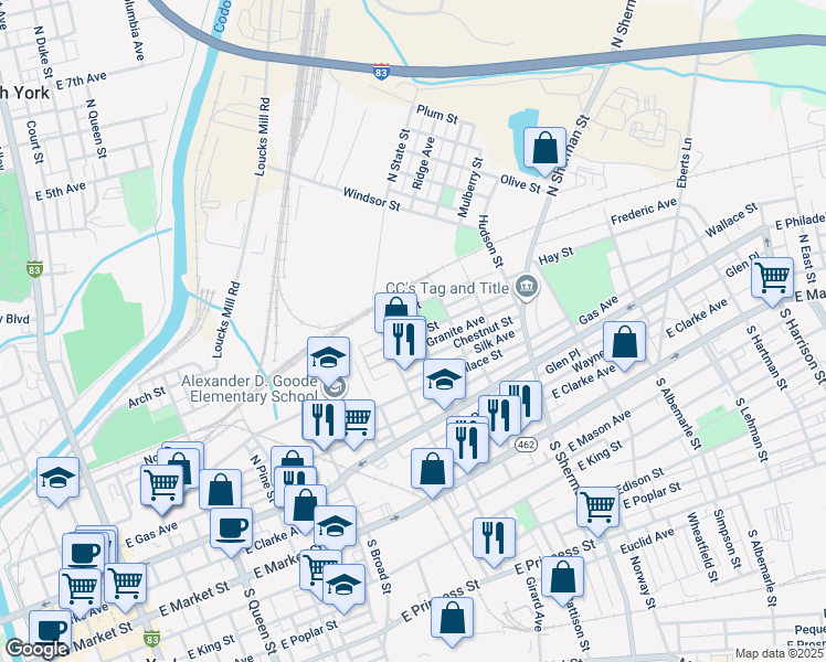 map of restaurants, bars, coffee shops, grocery stores, and more near 635 York Street in York