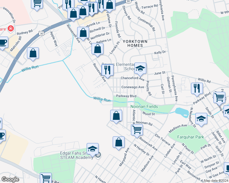 map of restaurants, bars, coffee shops, grocery stores, and more near 725 Fahs Street in York