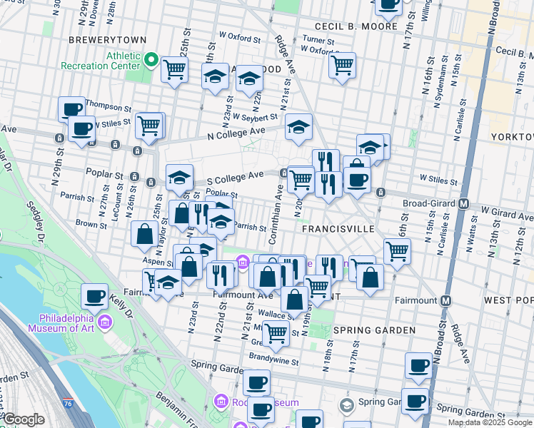 map of restaurants, bars, coffee shops, grocery stores, and more near 875 North Woodstock Street in Philadelphia