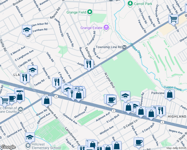 map of restaurants, bars, coffee shops, grocery stores, and more near 228 West Bayberry Avenue in Upper Darby
