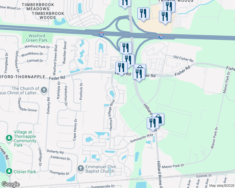 map of restaurants, bars, coffee shops, grocery stores, and more near 976 Hartford Village Boulevard in Columbus