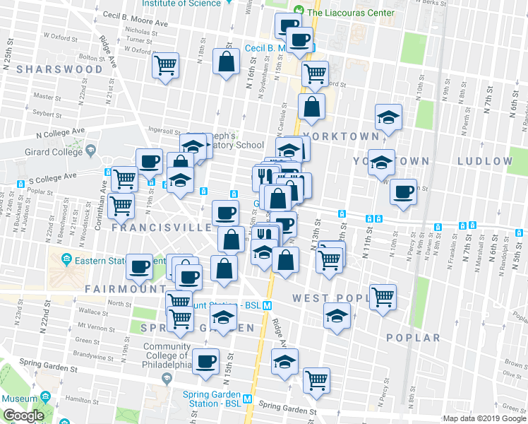 map of restaurants, bars, coffee shops, grocery stores, and more near 1429 Cambridge Street in Philadelphia