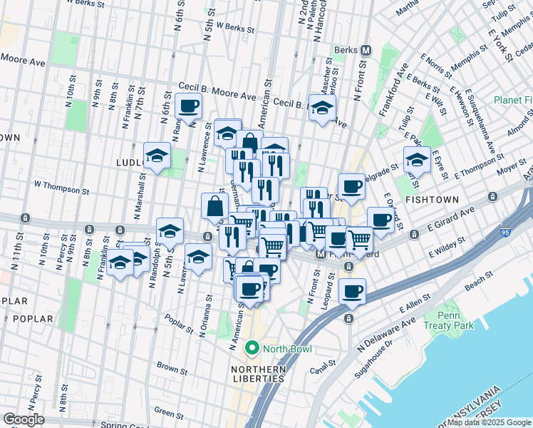 map of restaurants, bars, coffee shops, grocery stores, and more near 1300 North 2nd Street in Philadelphia