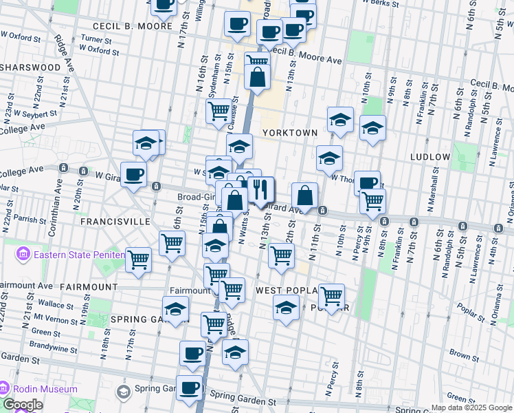 map of restaurants, bars, coffee shops, grocery stores, and more near 1322 West Girard Avenue in Philadelphia