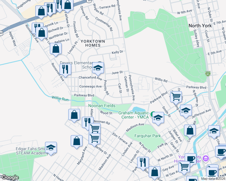 map of restaurants, bars, coffee shops, grocery stores, and more near 747 Priority Road in York