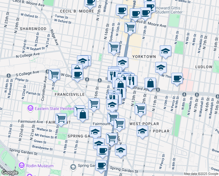 map of restaurants, bars, coffee shops, grocery stores, and more near 919 North 15th Street in Philadelphia
