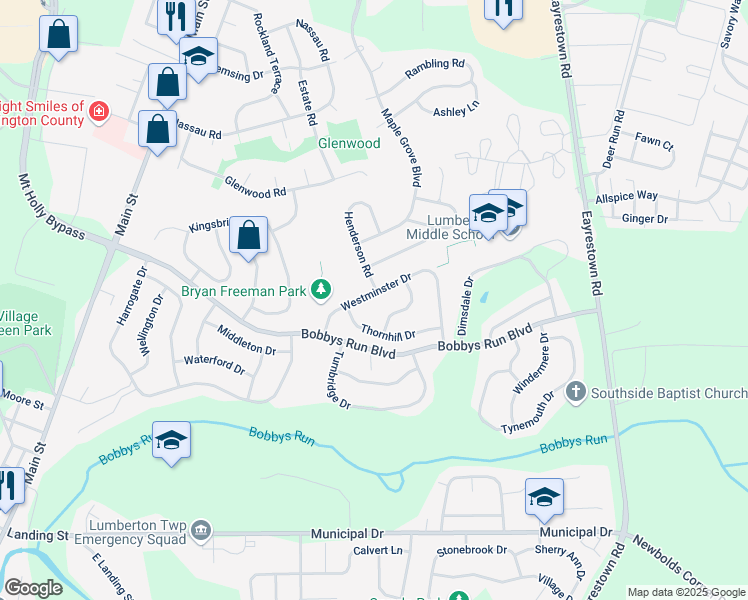 map of restaurants, bars, coffee shops, grocery stores, and more near 18 Westminster Drive in Lumberton