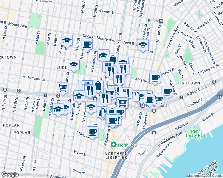 map of restaurants, bars, coffee shops, grocery stores, and more near 237 West Thompson Street in Philadelphia