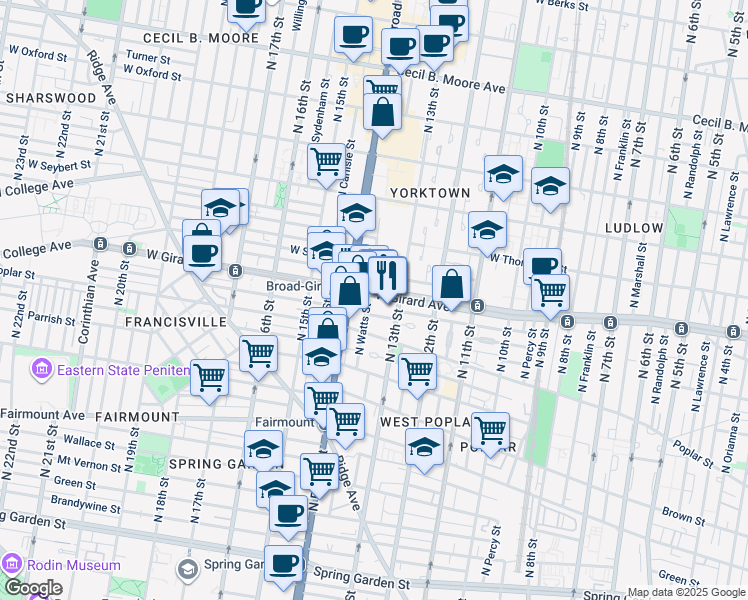 map of restaurants, bars, coffee shops, grocery stores, and more near 1334 West Girard Avenue in Philadelphia