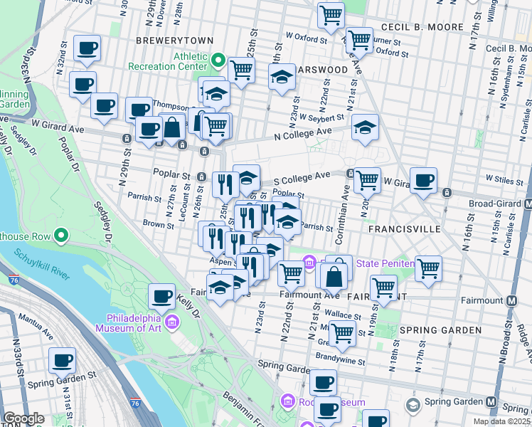map of restaurants, bars, coffee shops, grocery stores, and more near 2319 Parrish Street in Philadelphia